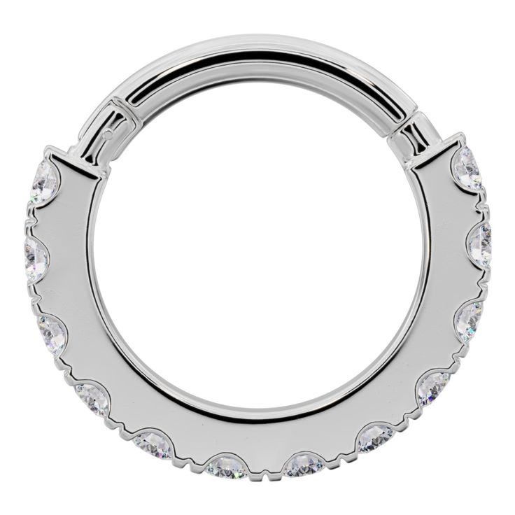 Make a statement with a look that never goes out of style. This timeless diamond clicker ring is a gorgeous and sophisticated piece to adore. Featuring a line of dazzling VS1 diamonds surrounding the hoop, this earring reminds us that some things are forever. You'll adore the look of diamonds shining from your lobes or other cartilage piercings such as helix, daith, auricle, and nose piercings, too. Genuine Diamonds - 1.3mm each Diamond clarity: VS1; Diamond color: G-H Solid 14k gold | Hypoaller Classic White Gold Hoop Piercings, Elegant Cubic Zirconia Septum Ring With Diamond Accents, White Gold Piercings With Diamond Accents, Elegant Cubic Zirconia Septum Ring With Prong Setting, Elegant Septum Ring With Prong Setting In Cubic Zirconia, Elegant Small Hoop Cubic Zirconia Piercings, Elegant Small Hoop Piercings With Cubic Zirconia, White Gold Diamond Round Piercings, White Gold Diamond Piercings, Round Shape