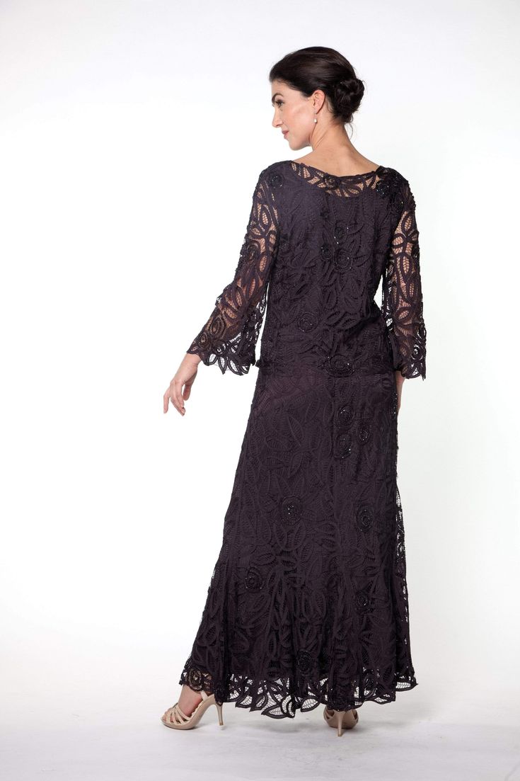 This Dress is Returnable! Beginning with the unlined bell sleeves up to the elegant neckline down to the slightly fishtailed full-length skirt, each and every detail on this dress is eye catching. This exquisite style is adorned with ornate Embroidery Appliques that adds a polished touch to our signature crochet. Flattering and timeless, be the most glamorous figure at your son or daughter's wedding. Silk/Polyester Blend Hand-made Fully-lined Dry Clean Imported Silk Dress Jacket, Applique Jumpsuit, Long Sleeve Evening Gowns, Beaded Jacket, Full Length Skirts, High Low Skirt, Dress Jacket, Moda Plus, Tulle Prom Dress