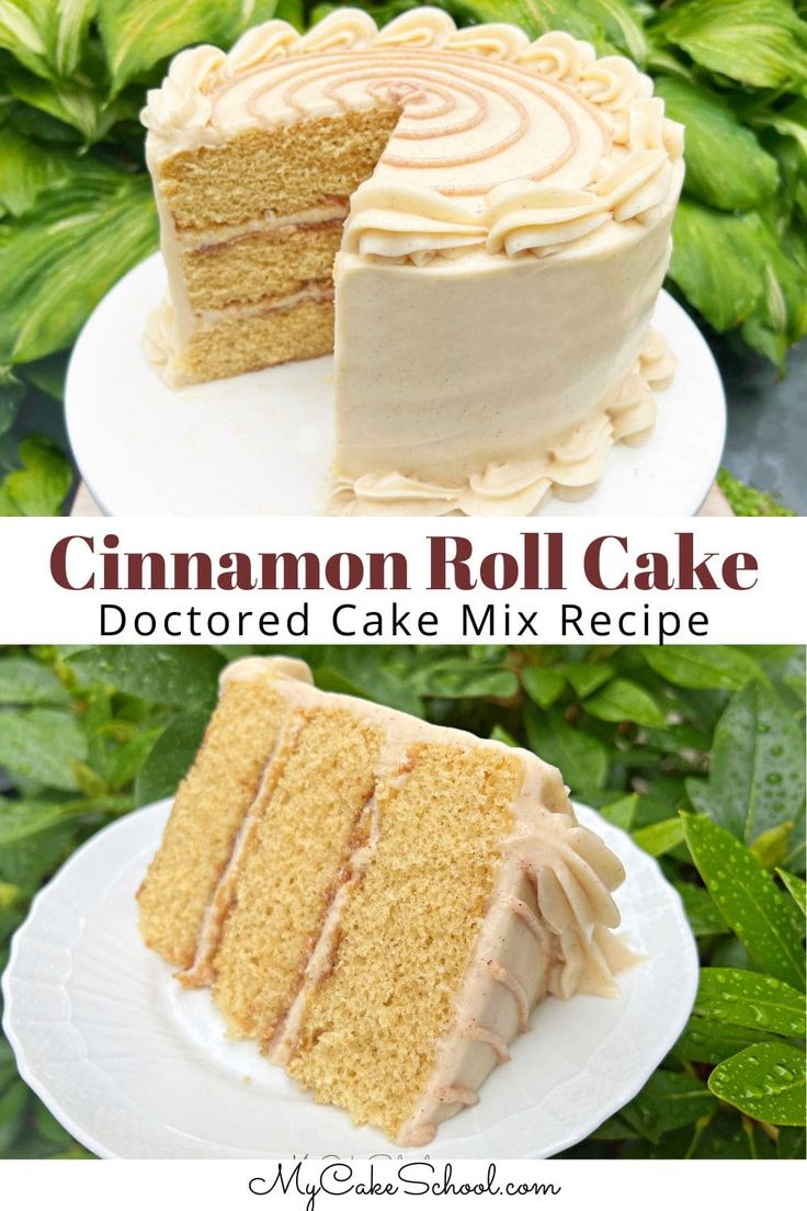 two pictures showing different types of cake with the words cinnamon roll cake on top and bottom