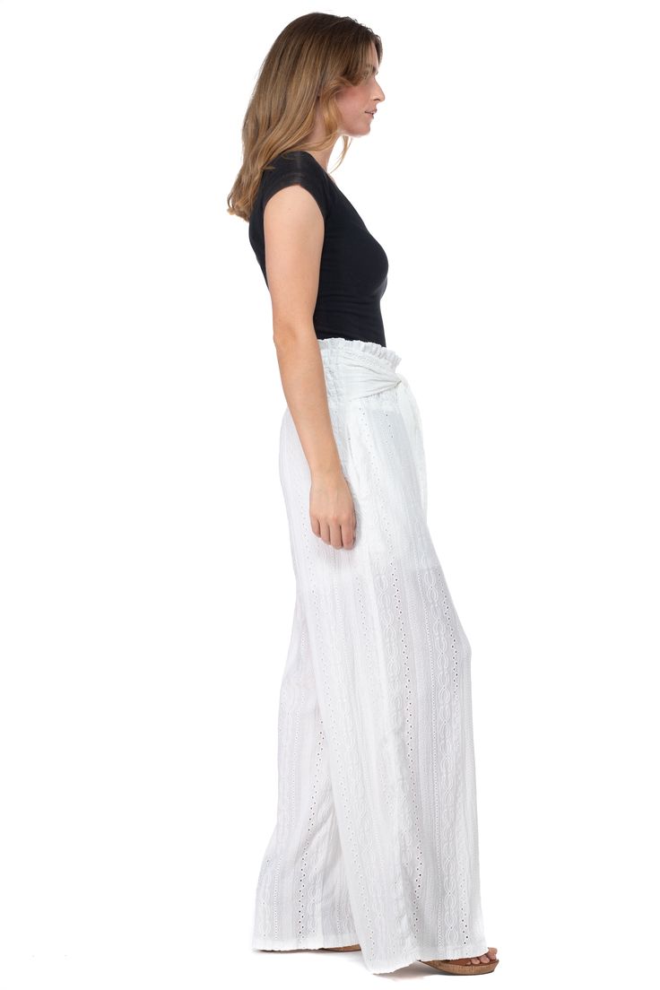 White Knit Eyelet Pants 100% Polyester Illet Long and flowy waist pants with tie belt White Tie-side Bottom Pants For Summer, White Pants With Elastic Waistband And Tie-side, White Tie-side Bottom Pants For Spring, Casual White Tie-side Pants, Casual White Tie-side Bottom Pants, Elegant Paperbag Waist Bottoms With Tie, Casual White Pants With Tie-side Bottom, Elegant Bottoms With Paperbag Waist And Elastic Waistband, Elegant Paperbag Waist Bottoms With Elastic Waistband