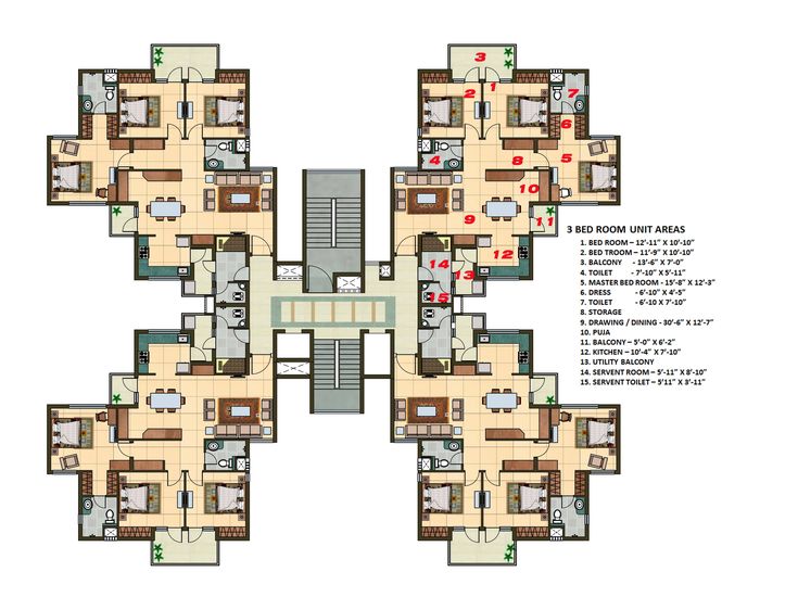 the floor plan for an apartment building with four floors and several rooms in each room