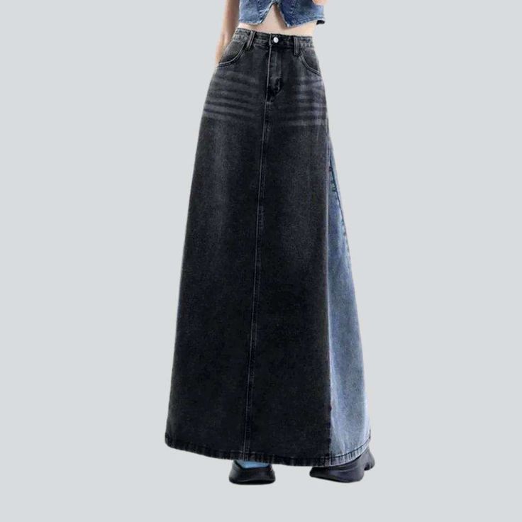 Introducing our edgy-mode Patched Color Block Elongated Denim Skirt from the 2023 Autumn Collection ââ‚?an iconic statement piece for your wardrobe!Why This Skirt is A Must-HaveThis denim skirt is the perfect combination of classic. steady mode and modern trendy. Its unique. patched color-block design adds a hint of edge and finesse that will take your look to the next level. Plus. it's elongated length and tall-rise fit will flatter your silhouette. while the zipper and button closure ensures a Long Jeans Skirt, Denim Skirts Online, Maxi Denim Skirt, Denim Patterns, Autumn Collection, Street Style Trends, Urban Looks, Denim Maxi Skirt, Long Jeans