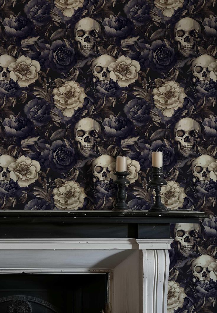 a fireplace with skulls and roses on it in front of a wallpapered background