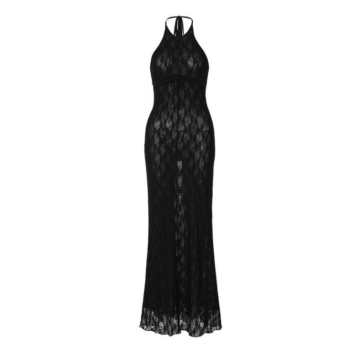 a black lace dress with halt neckline and open back, on a white background