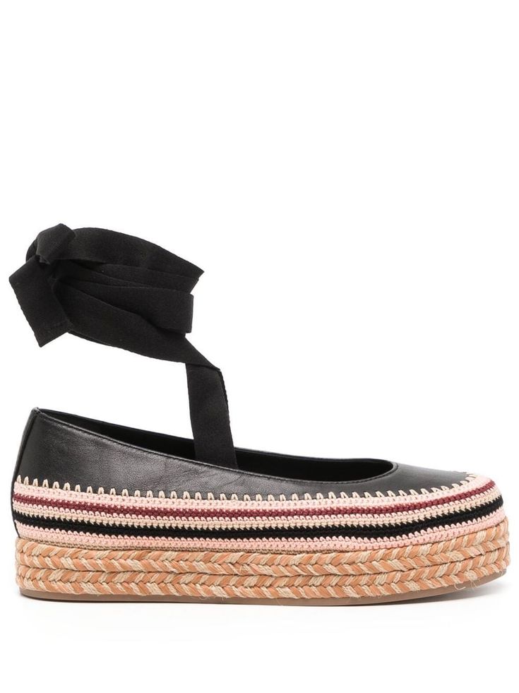 black leather braid detailing crochet trim round toe front lace-up fastening flatform sole Espadrilles Black, Black Espadrilles, Crochet Trim, Espadrille Shoes, Ulla Johnson, Lace Front, Espadrilles, Black Leather, Lace Up