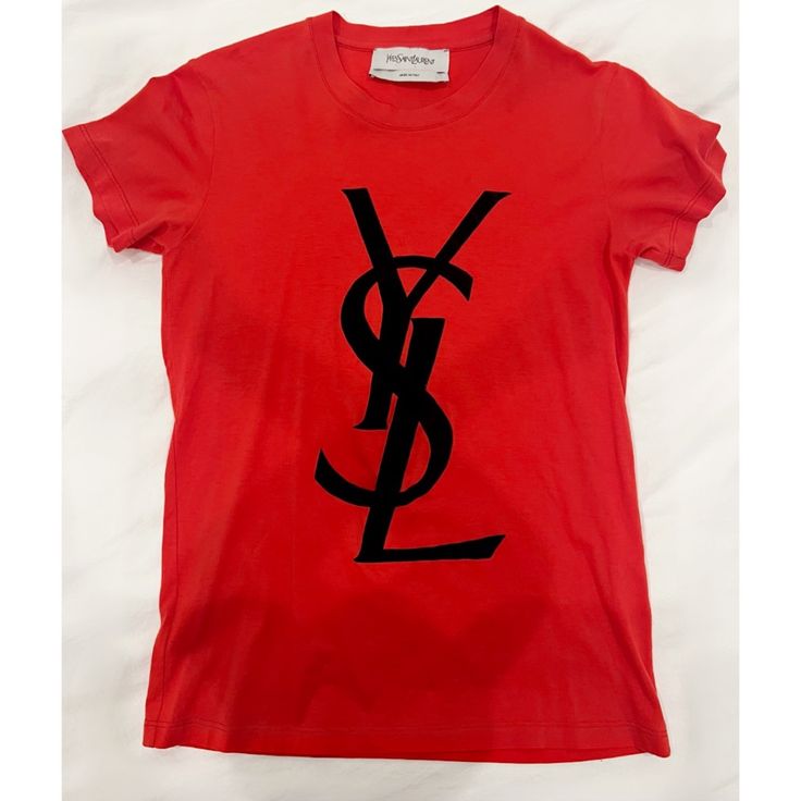 Brand New Designer Red Top With Graphic Print, Designer Red Tops With Graphic Print, Designer Red Crew Neck Top, Designer Red Tops With Logo Print, Ysl Tshirt, Navy Blue Blouse, Vintage Ysl, 2024 Design, Pink Vintage