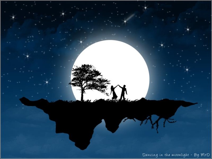 the silhouette of two people holding hands on top of a cliff under a full moon