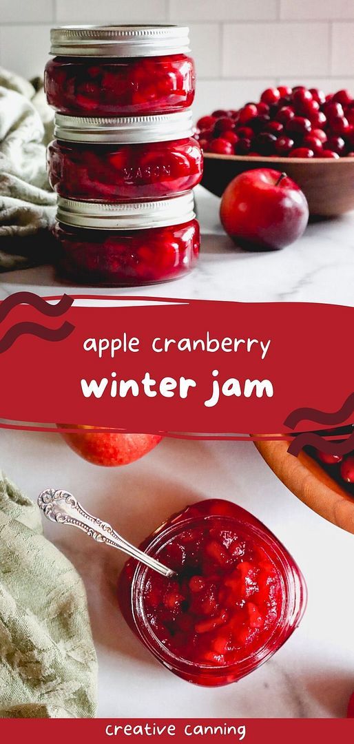 an apple cranberry winter jam is in a jar