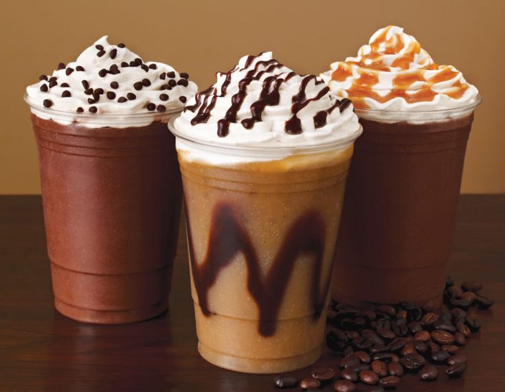 three drinks with whipped cream, chocolate and coffee