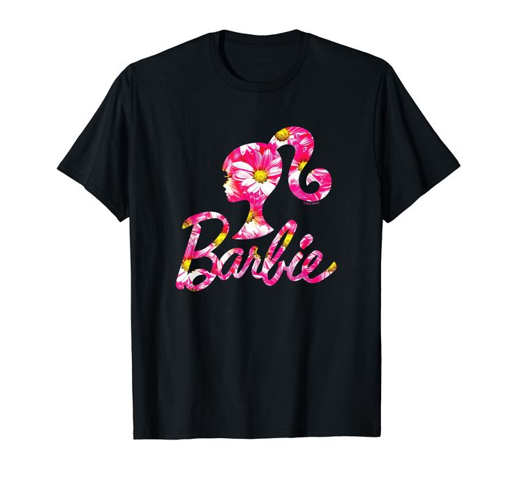 a black t - shirt with pink flamingos and the word barbie in floral letters