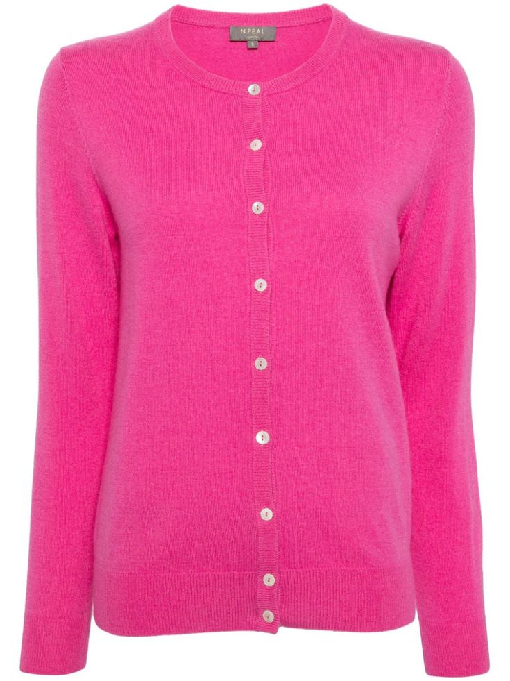 pink organic cashmere crew neck long sleeves front button fastening straight hem Classic Pink Fine Knit Sweater, Classic Fine Knit Pink Sweater, Pink Long Sleeve Cashmere Cardigan, Pink Cashmere Sweater For Work, Pink Fine Knit Winter Cardigan, Pink Cashmere Cardigan For Fall, Classic Fitted Pink Cardigan, Fitted Classic Pink Cardigan, Casual Pink Cashmere Cardigan