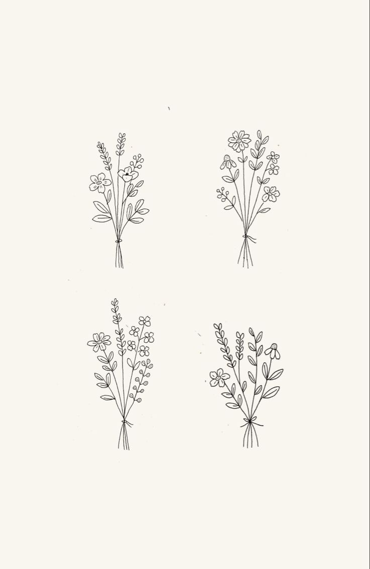 four different types of flowers are shown in black and white on a sheet of paper