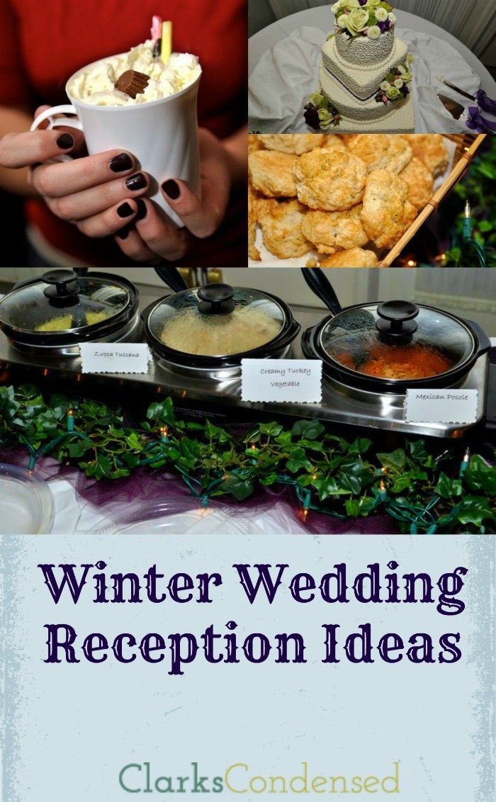 winter wedding reception ideas with food and drinks on the buffet table for guests to enjoy