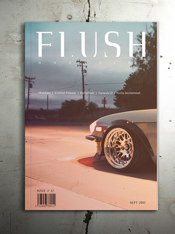 the front cover of flush magazine featuring an image of a classic car on the street