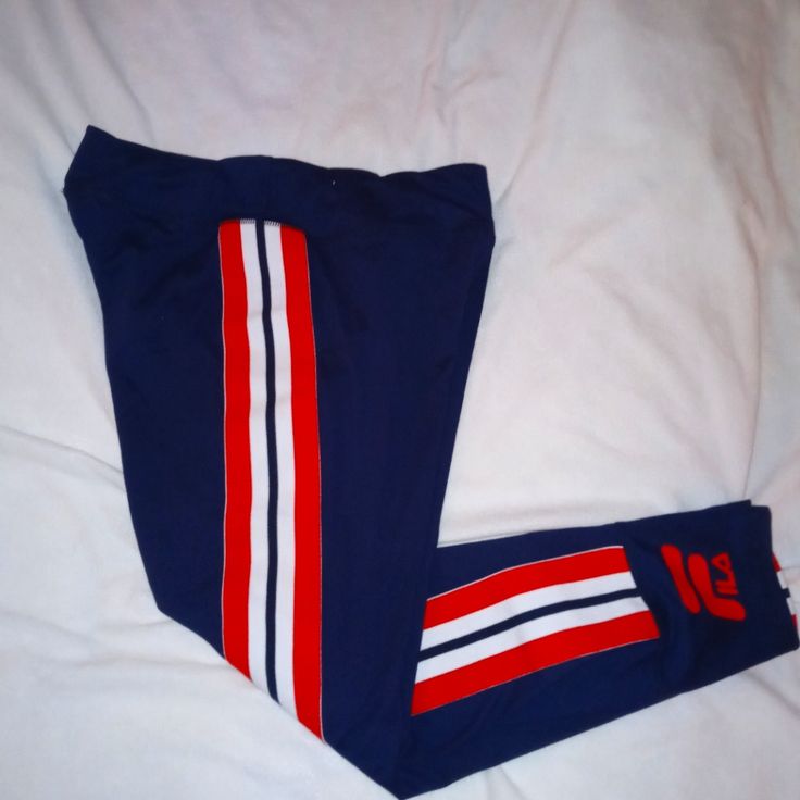 Nwt Large Fila Crop Leggings Stretch Blue Bottoms With Three Stripes, Casual Stretch Leggings With Three Stripes, Crop Leggings, Cropped Leggings, Colorful Leggings, Red Blue, Favorite Things, Pant Jumpsuit, Red And Blue