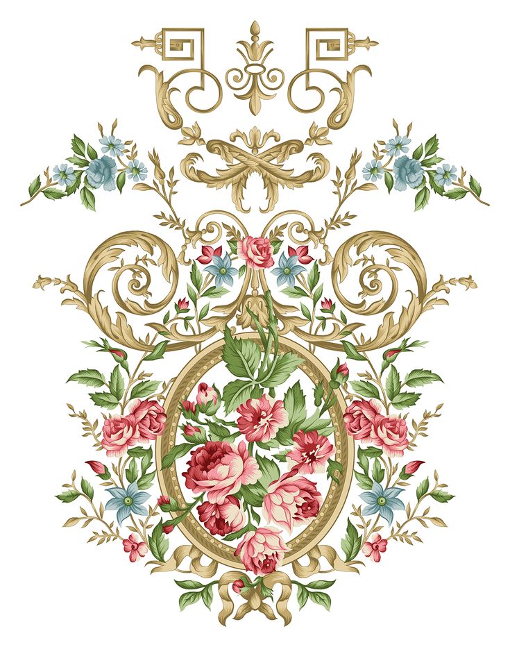 an ornate design with pink flowers and green leaves in the center on a white background