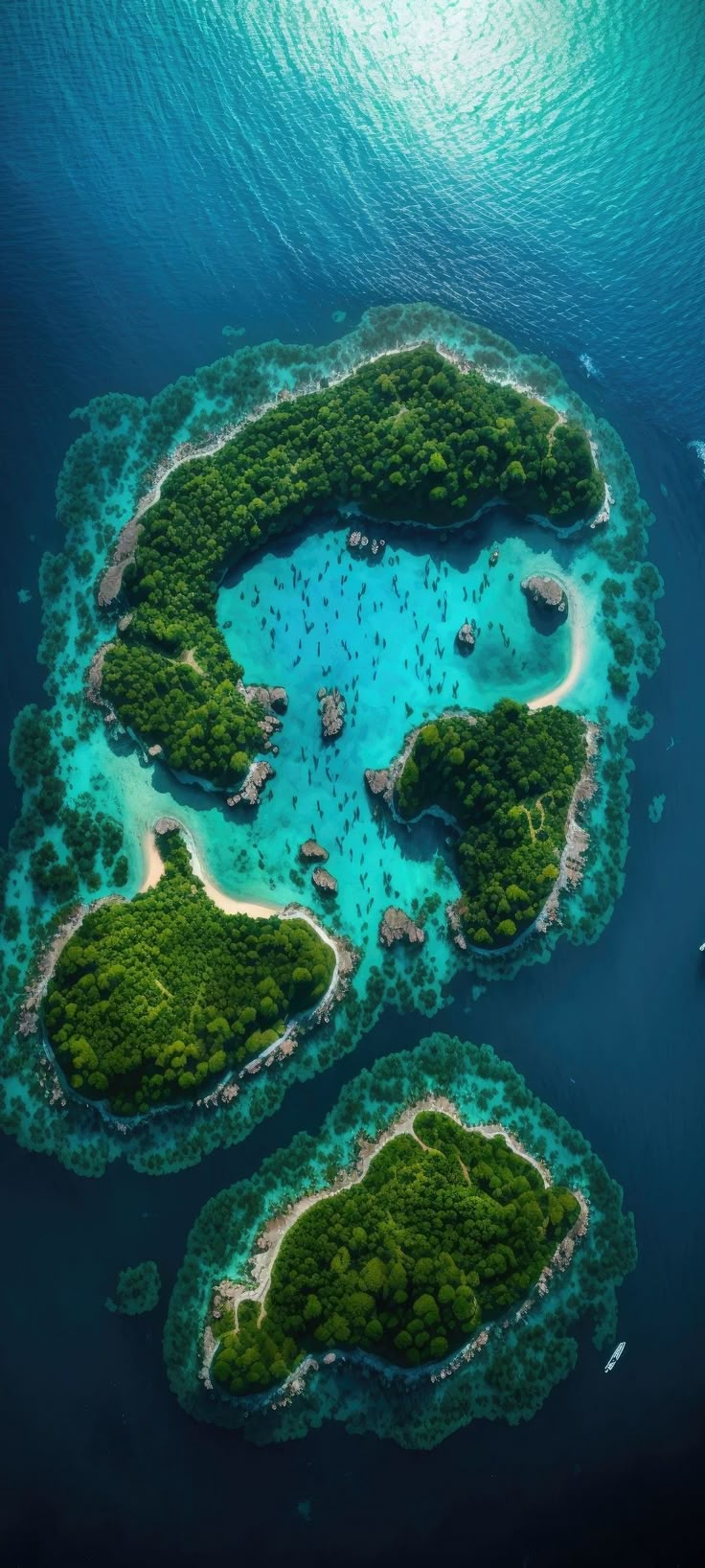 an aerial view of two islands in the ocean