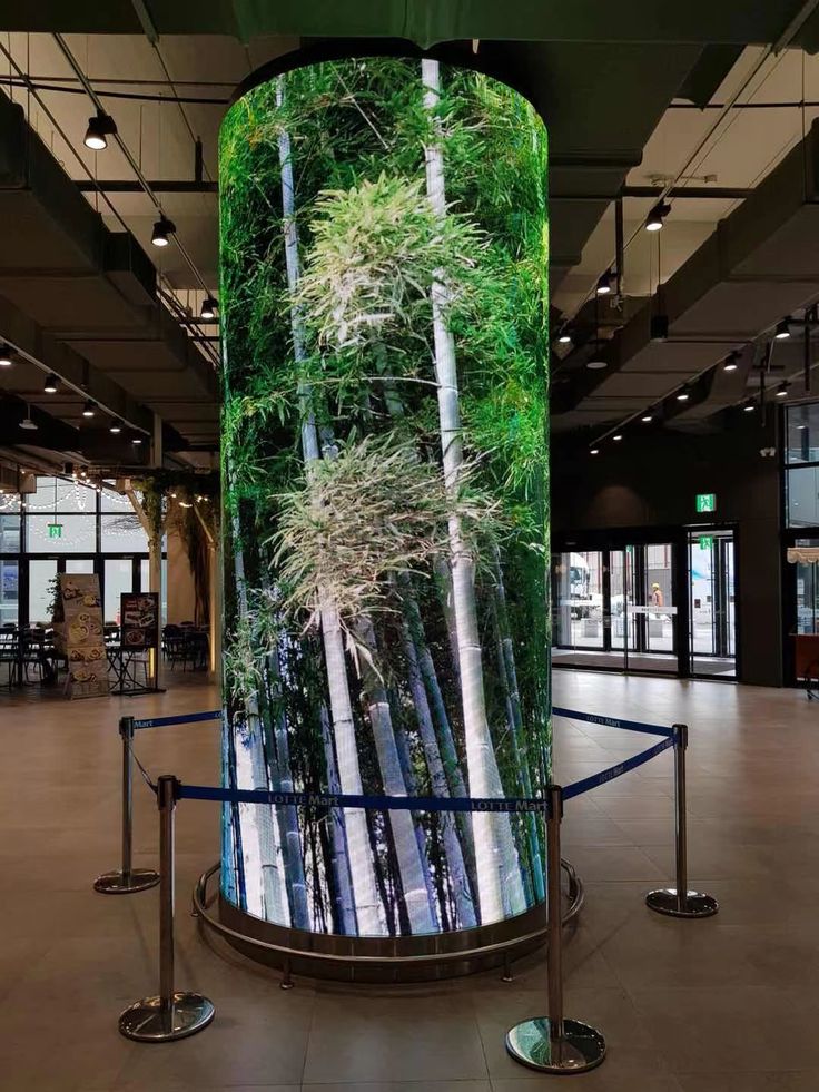 a large glass display in the middle of a building with lots of green plants on it