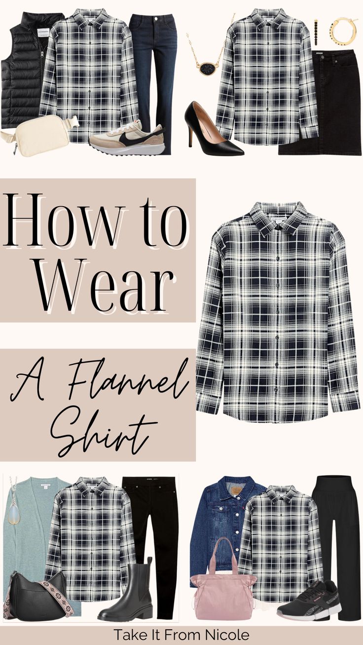 Oversized Flannel With Leggings, Flannel Outfits For Work, Dressing Up A Flannel Shirt, Black Flannel Shirt Outfit Women, Black And White Check Shirt Outfit Women, Fall Outfits Women Flannel, Women Flannel Shirt Outfits, Styling A Flannel Shirt, Plus Size Flannel Shirt Outfits