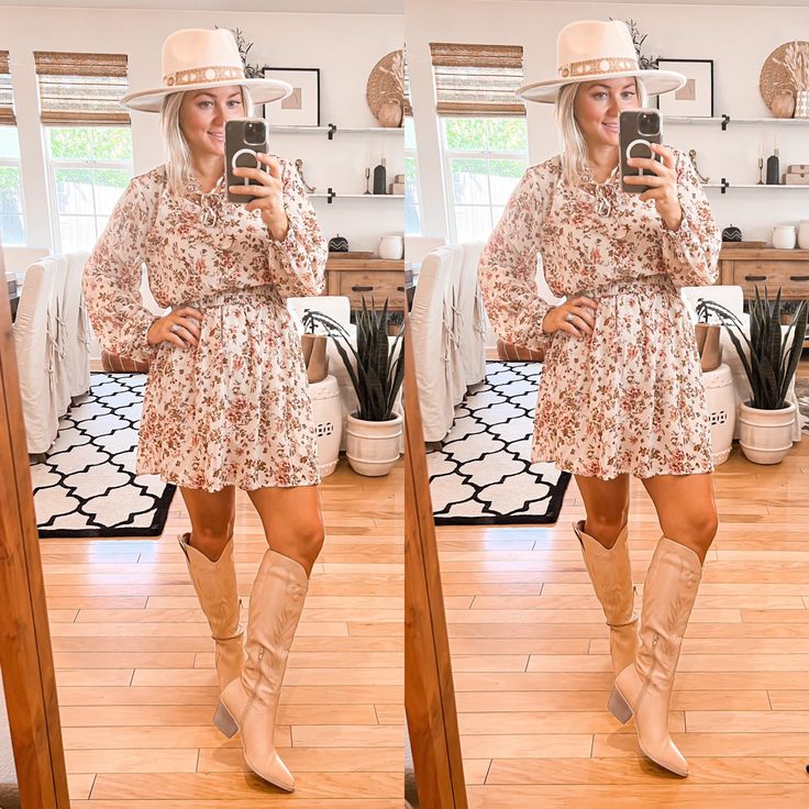 Paired with our best selling cowboy 👢 Country Dresses With Boots, Dresses With Boots, Shelf Wardrobe, Church Clothes, Floral Print Pants, Country Dresses, Boho Dresses, Country Charm, Church Outfits