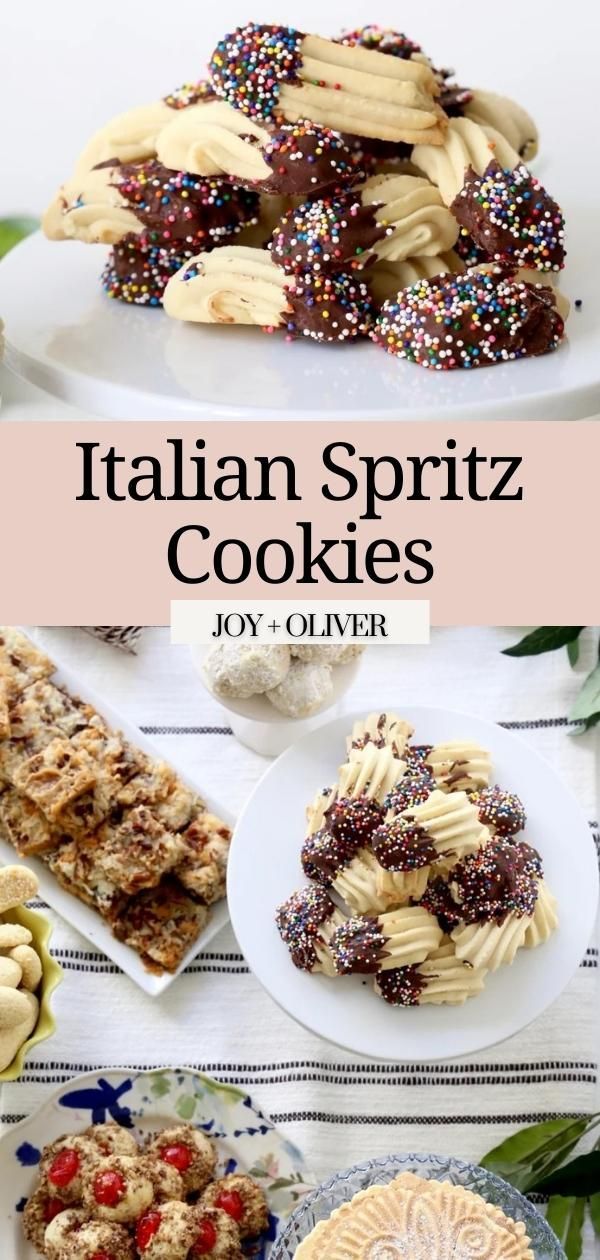 italian spritz cookies on plates with text overlay that reads, joy - ollier