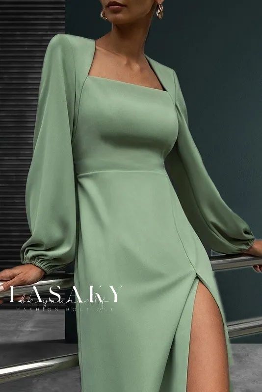 Lasaky - Classic V-Neck Wrap Dress for Women with Long Sleeves and Solid Color Split Dress Thigh, Side Split Dress, Fitted Bodycon Dress, Long Green Dress, Lantern Sleeve Dress, فستان سهرة, Women Long Sleeve Dress, Ținută Casual, Elegantes Outfit