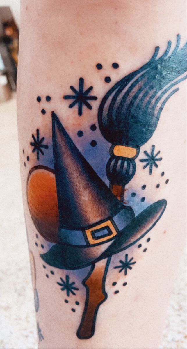 Traditional Halloween witch tattoo. Traditional Broom Tattoo, Traditional Witch Hat Tattoo, Witch Hat Flash Tattoo, Blink Tattoo, Witch Hat Tattoo, Broom Drawing, Skin Pictures, Stick Tattoo, Halloween Flash