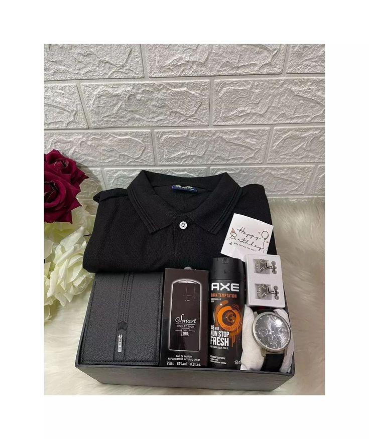 the men's gift set includes a polo shirt, watch, and other personal care items