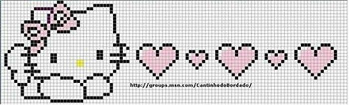 a cross stitch pattern with pink hearts and a white cat in the middle, on a gray background