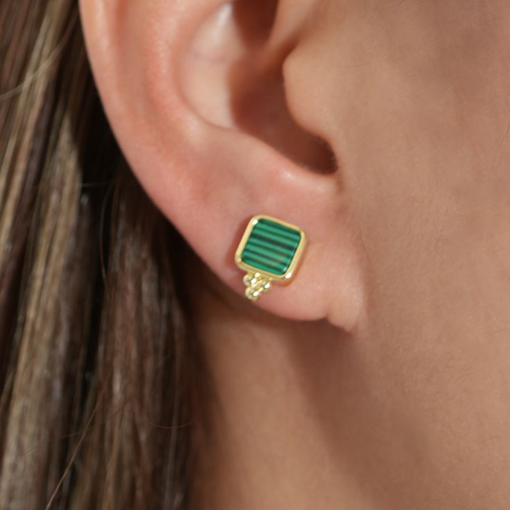 Elevate your look with The Malachite Square Stud - crafted from natural malachite stone for a unique and sophisticated touch. This stunning gemstone is known for its healing properties, promoting balance and positivity. Make a statement with these elegant and one-of-a-kind earrings. 14K Gold Plated Brass Malachite Stone Modern Green Malachite Jewelry, Malachite Earrings, Malachite Stone, Square Stud, Elevate Your Look, Healing Properties, Deep Green, Gold Plated Sterling Silver, Timeless Design