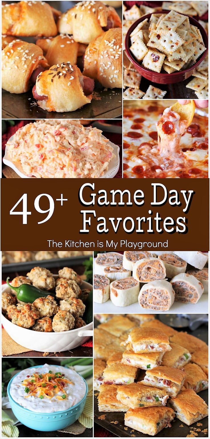 Collage of 49+ Favorite Game Day Recipes Football Food Appetizers, The Kitchen Is My Playground, Game Day Recipes, Bowl Party Food, Football Snacks, Appetizers Easy Finger Food, Finger Foods Easy, Superbowl Snacks, Superbowl Party Food