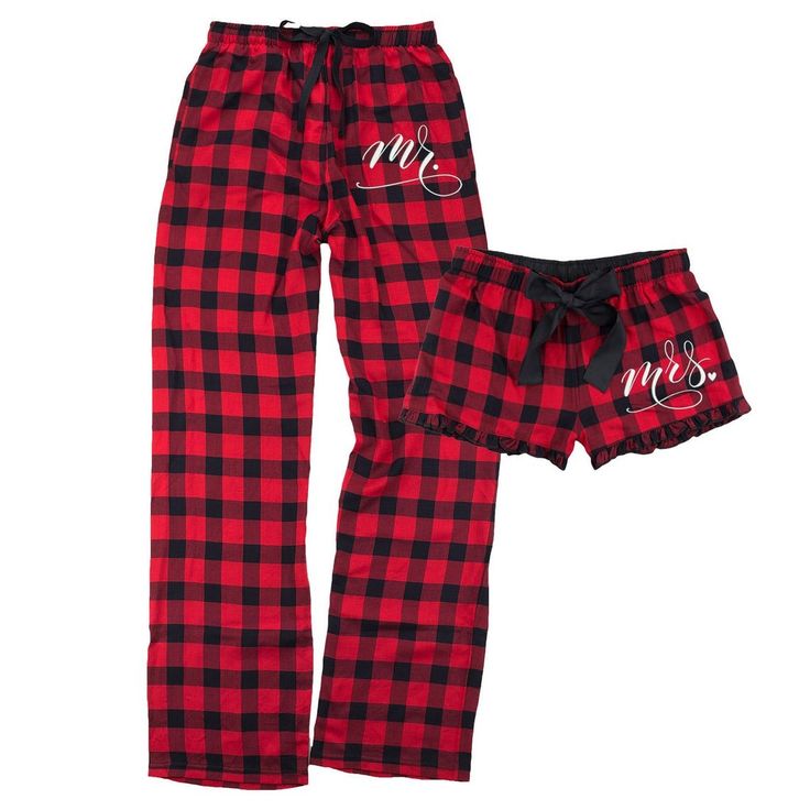 Our Mr. & Mrs. Flannel Pajama Set will have you cozied up and feeling fantastic! This set of 2 pajama bottoms comes in vibrant buffalo plaids with white embroidery on the hip. Perfect for Anniversary, Christmas, Engagement or Couples Gifts or any other cool weather day. The set comes with flannel pants for him and flannel boxers for her. GIRLY BOXERS Junior Fit XS - XL Ruffled Hem Satin waistband and tie ribbon 100% cotton Roomy, and super soft feel Features a 1" inseam, false fly with butto Matching Couples Pjs, Matching Pjs For Couples, Couples Matching Pajamas, Pj Fits, Matching Christmas Pajamas Couples, Matching Pajamas For Couples, Pajamas Couple, Christmas Pants, Pajamas Aesthetic