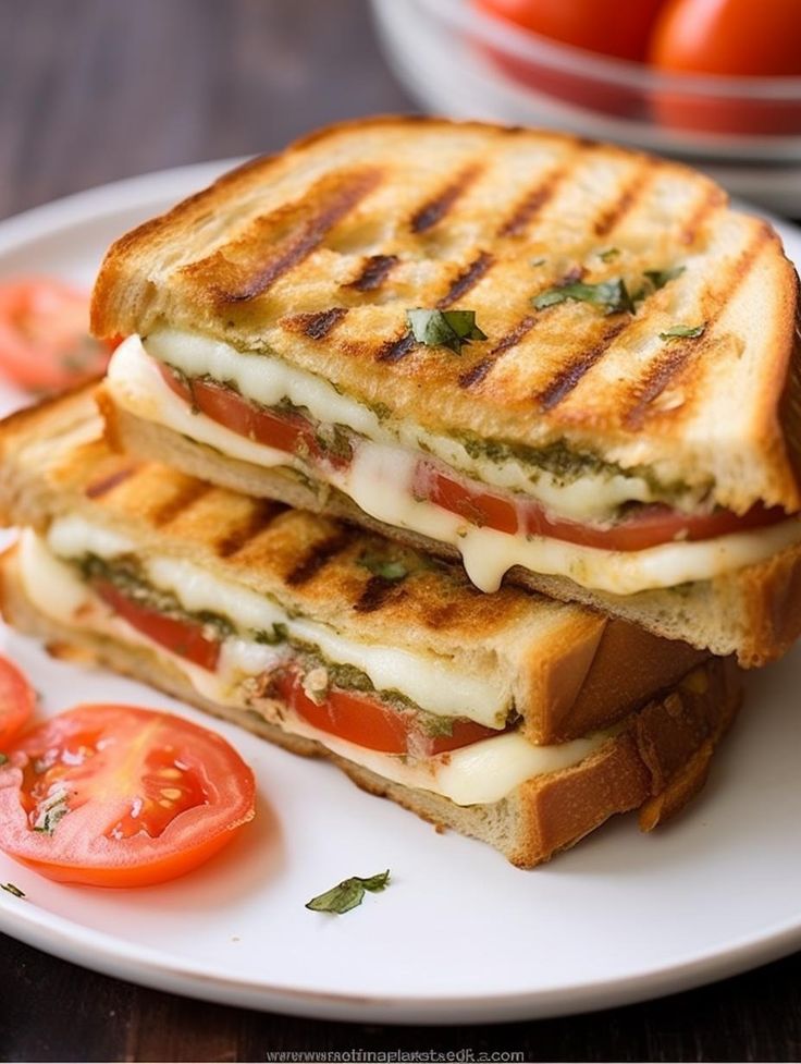 two grilled sandwiches on a plate with tomatoes