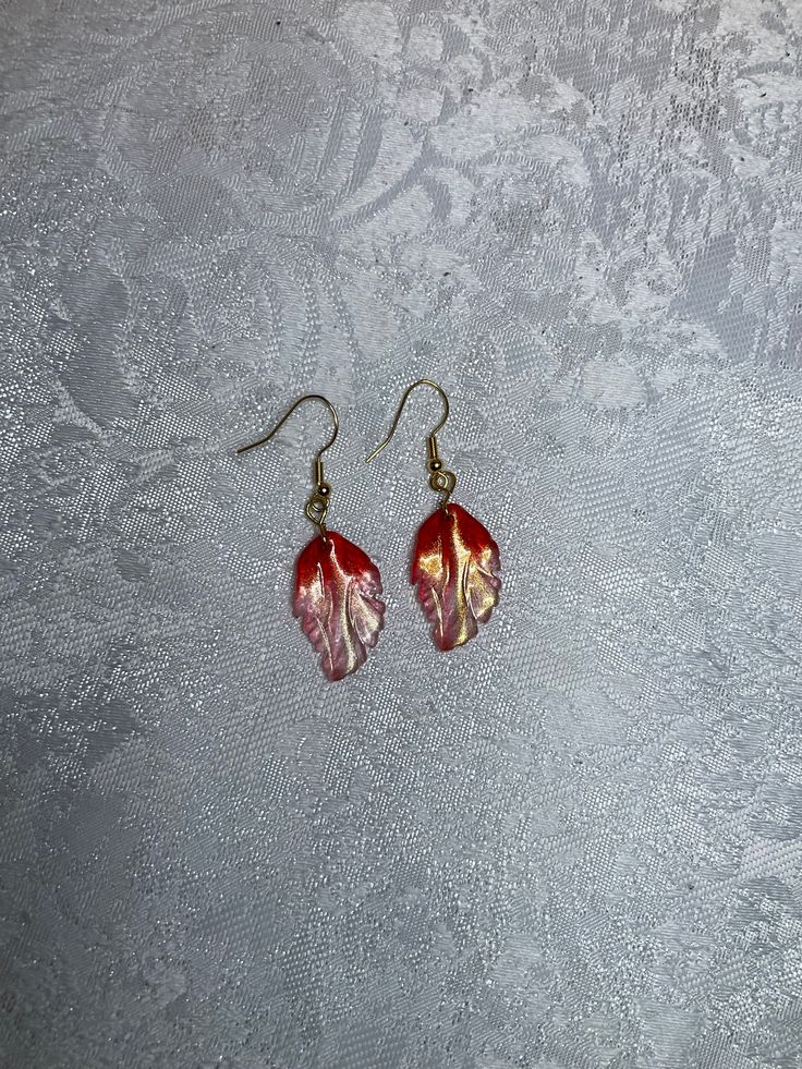 Red pressed glass leaf drop earring with gold fish hook Red Flower Earrings With Ear Wire For Party, Red French Hook Earrings As Gift, Gift Red French Hook Earrings, Red French Hook Earrings For Gift, Leaf Earring, Golden Red, Gold Fish, Red Leaves, Drop Earring