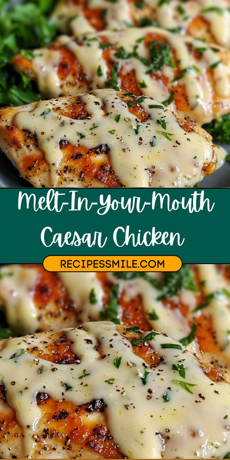 chicken covered in melted cheese on top of broccoli and spinach with the words melt - in - your - mouth caesar chicken