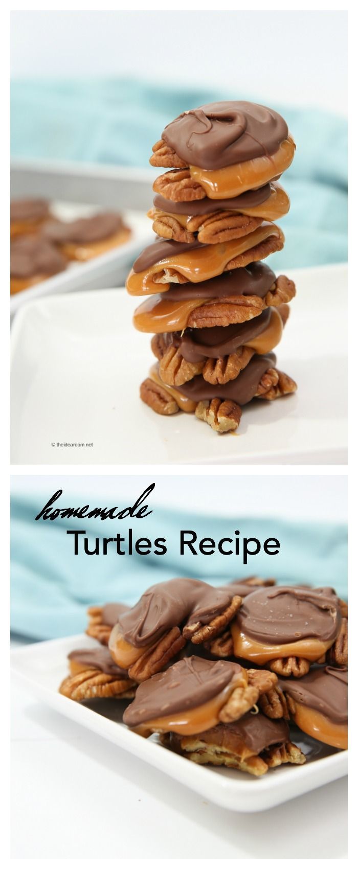 there is a stack of chocolate covered cookies on a plate with the words homemade turtle's recipe