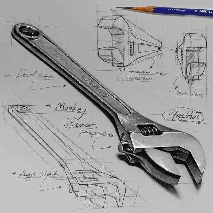 a pencil drawing of a wrench and other tools