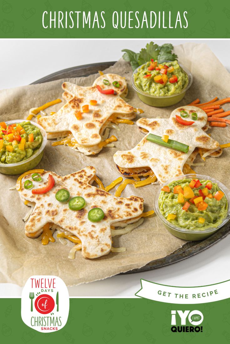 christmas quesadillas on a platter with guacamole and salsa