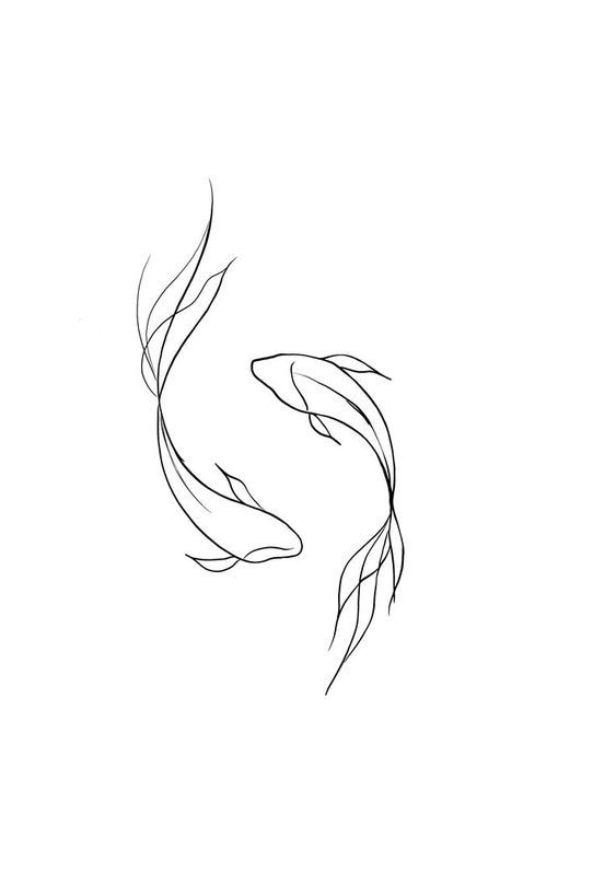 a black and white drawing of two goldfish swimming in opposite directions to each other