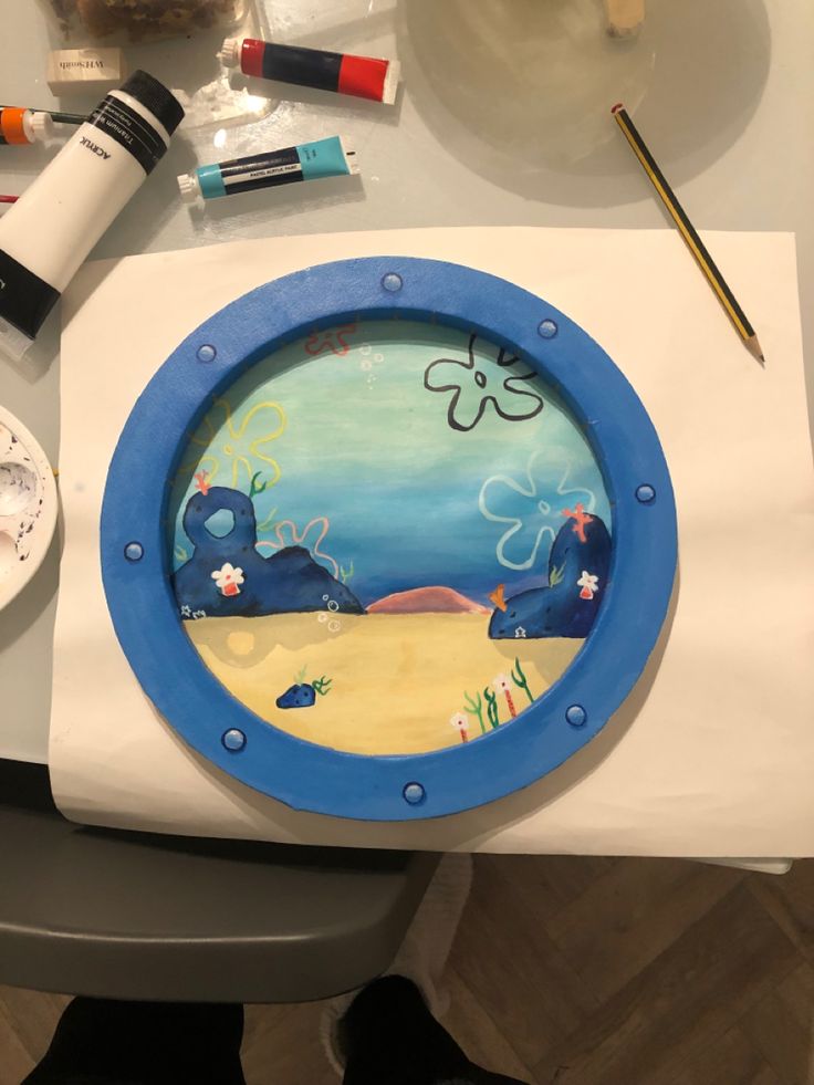 painting of the scenery from a porthole in spongebob Spongebob Mirror, Spongebob Window Painting Bubble Buddy, Spongebob Sky Painting, Spongebob Window, Sponge Bob Window Painting, Spongebob Window Painting, Sponge Bob Window, Painting Spongebob Window, Spongebob Scenes To Paint