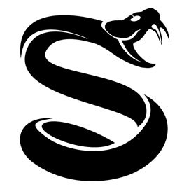 a black and white snake with its mouth open, in the shape of a letter s