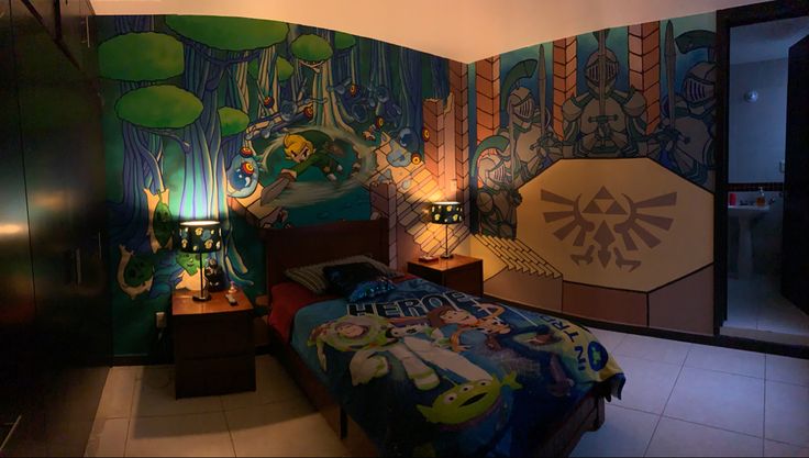 a bedroom decorated in the theme of mario kart and luigi's world with lots of decorations