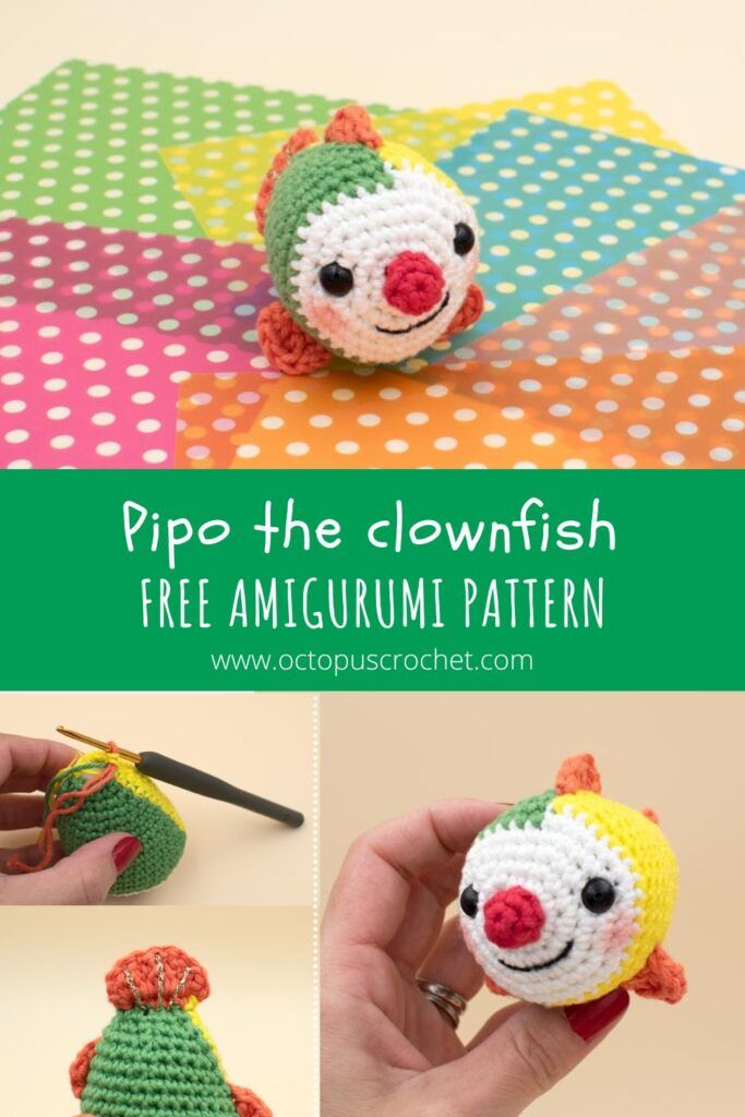 a crocheted clown is shown with the text overlay that reads, pippo the clownfish free amigurmi pattern