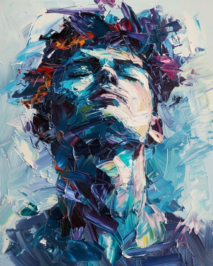 an abstract painting of a man's face with blue, purple and red colors