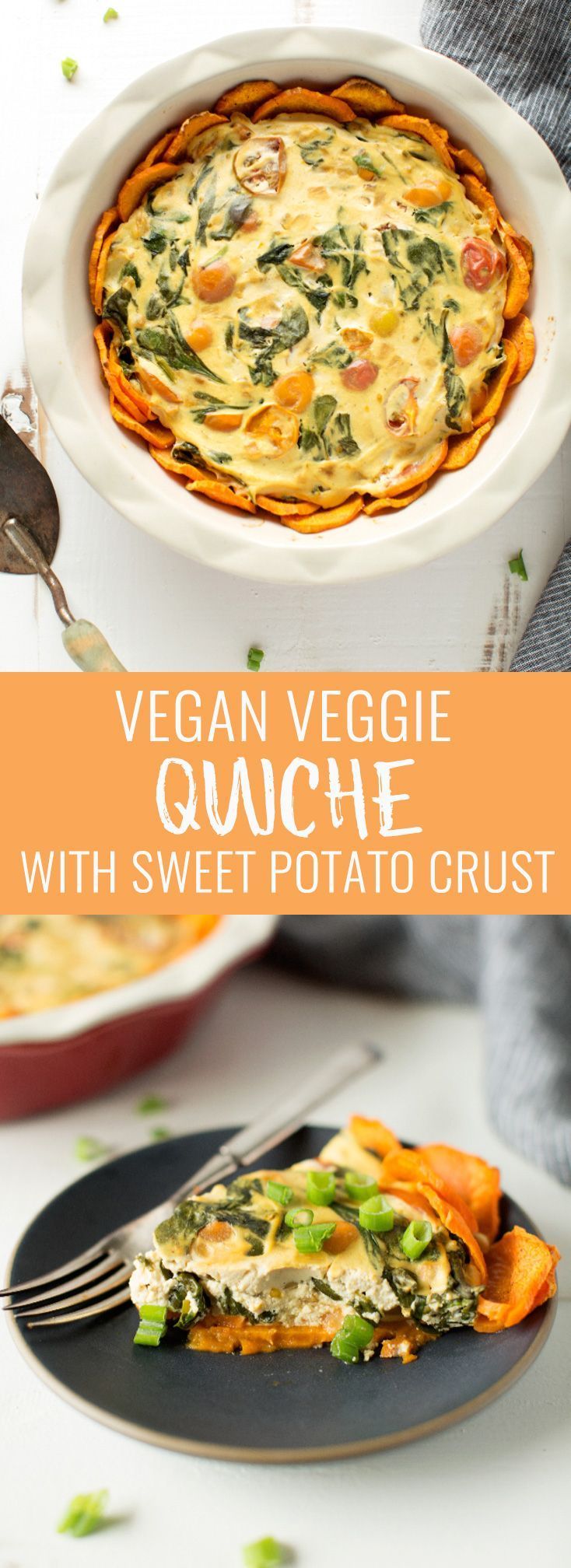 vegan veggie quiche with sweet potato crust in a white casserole dish