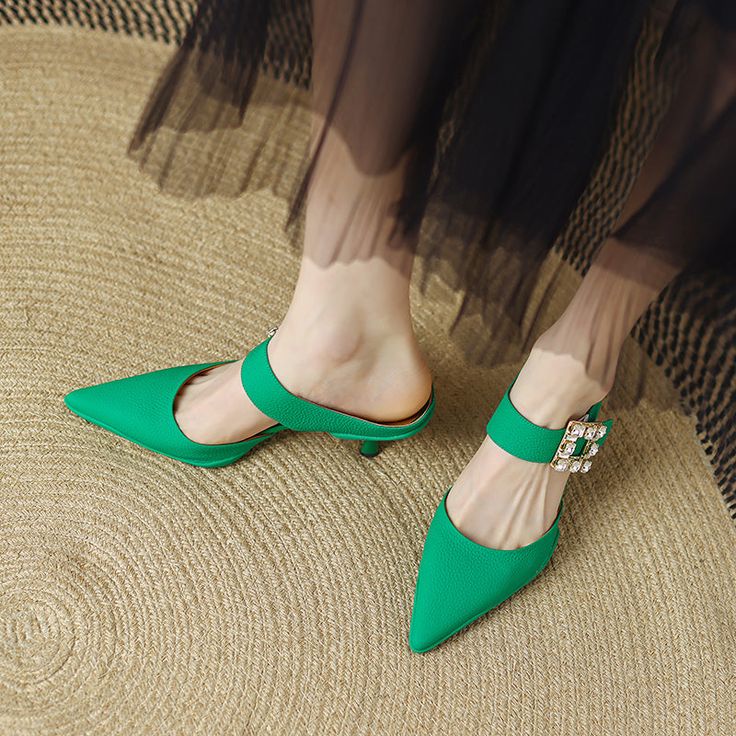 Elegant and stylish mules that offer you an effortless chic look. Upper: Genuine Leather Lining: Genuine Leather Outsole: Rubber Toe Shape: Pointy Toe Heel: 6.5cm/2.5'' Closure: Slip on Fashion Element: Square Rhinestone Decoration is_handmade: Yes Green Pointed Toe Mules With Padded Heel, Green Pointed Toe Mules For Summer, Green Pointed Toe Heels For Spring, Spring Green Pointed Toe Heels, Synthetic Closed-toe Kitten Heels For Spring, Green Evening Mules For Summer, Spring Synthetic Kitten Heels With Closed Toe, Spring Synthetic Closed-toe Kitten Heels, Green Summer Evening Mules