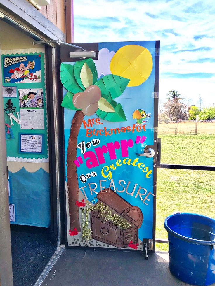 an open door with the words happy earth on it and a palm tree painted on it