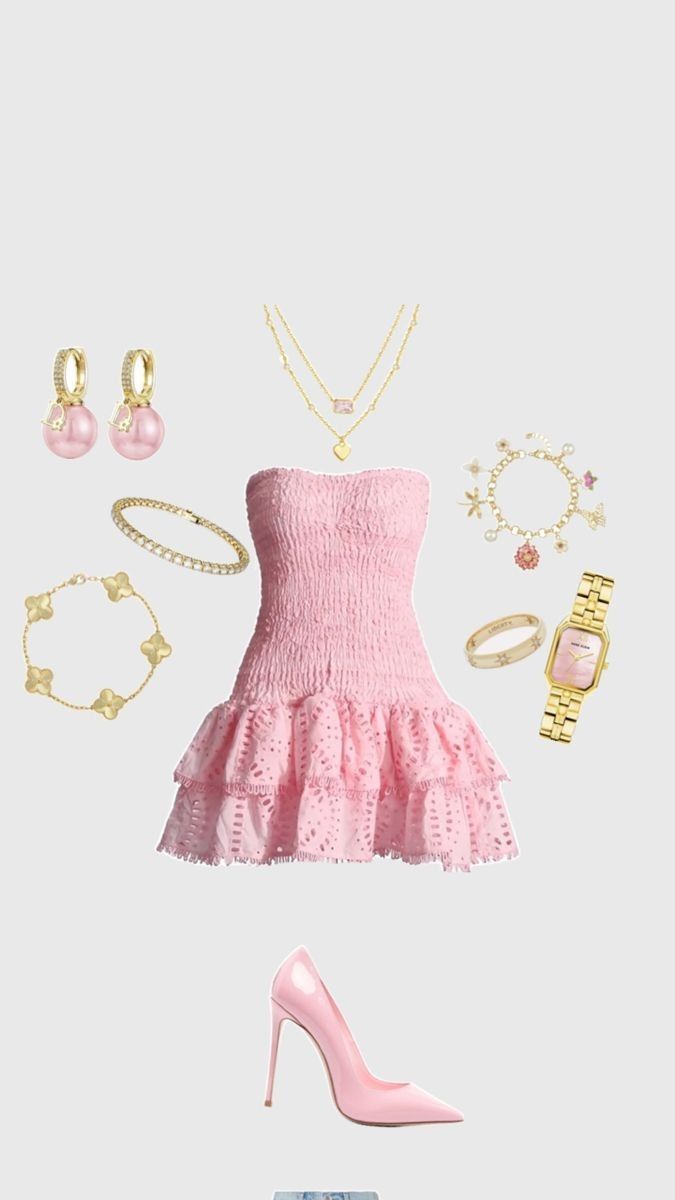 a woman's pink dress and accessories are shown