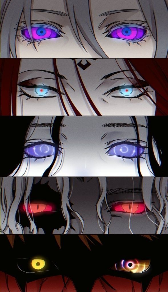 four different colored eyes with red, blue and yellow glowing in the middle one is an anime character