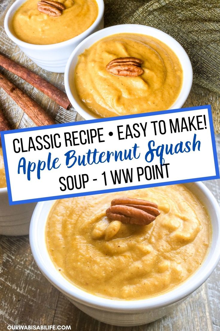 three white bowls filled with apple butternut squash soup and topped with pecanse